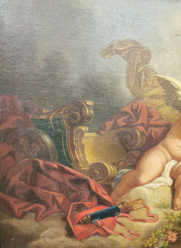 Olio su tela - "Due putti con colombe"