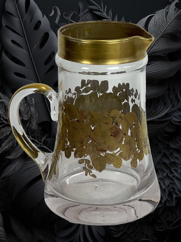 CRYSTAL PITCHER WITH HANDLE SIGNED “DAUM” WITH FLORAL DECORATION WITH SUPERB GILDING
