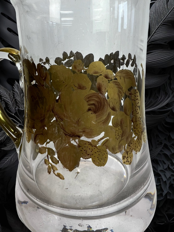 CRYSTAL PITCHER WITH HANDLE SIGNED “DAUM” WITH FLORAL DECORATION WITH SUPERB GILDING
