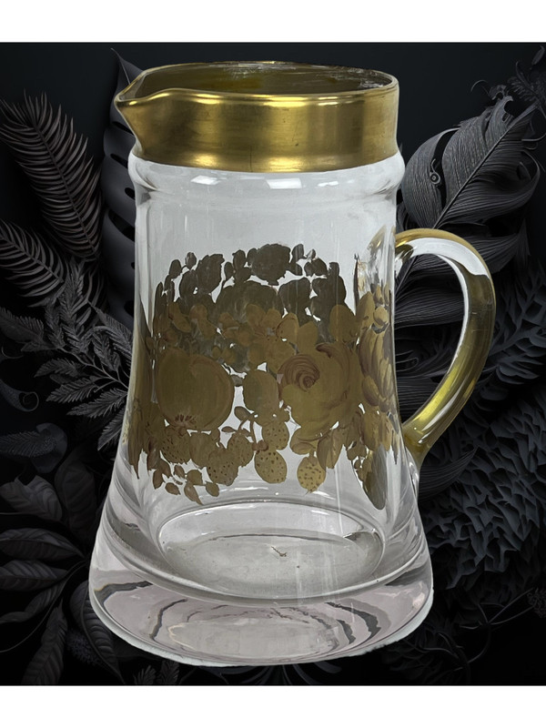 CRYSTAL PITCHER WITH HANDLE SIGNED “DAUM” WITH FLORAL DECORATION WITH SUPERB GILDING