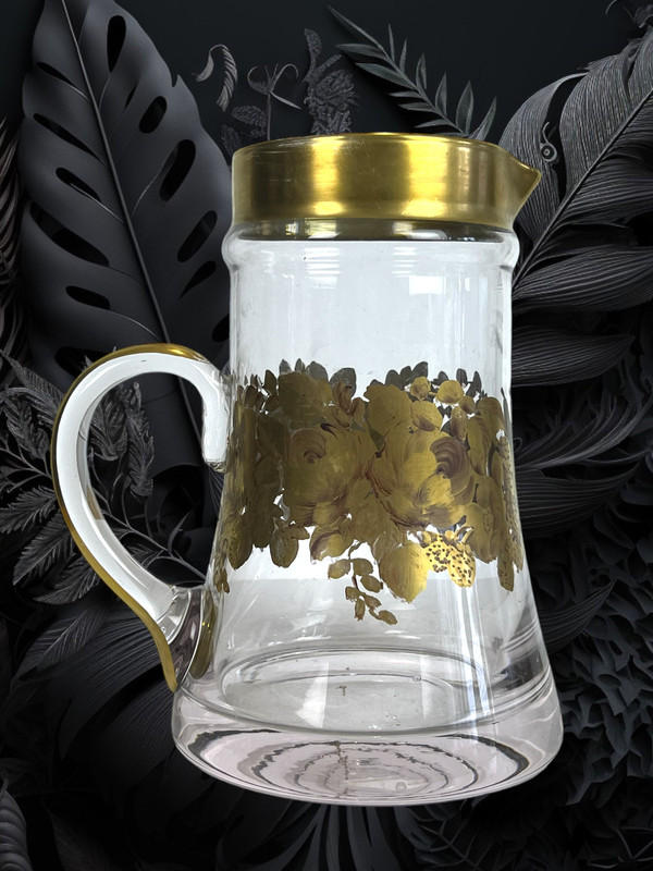 CRYSTAL PITCHER WITH HANDLE SIGNED “DAUM” WITH FLORAL DECORATION WITH SUPERB GILDING