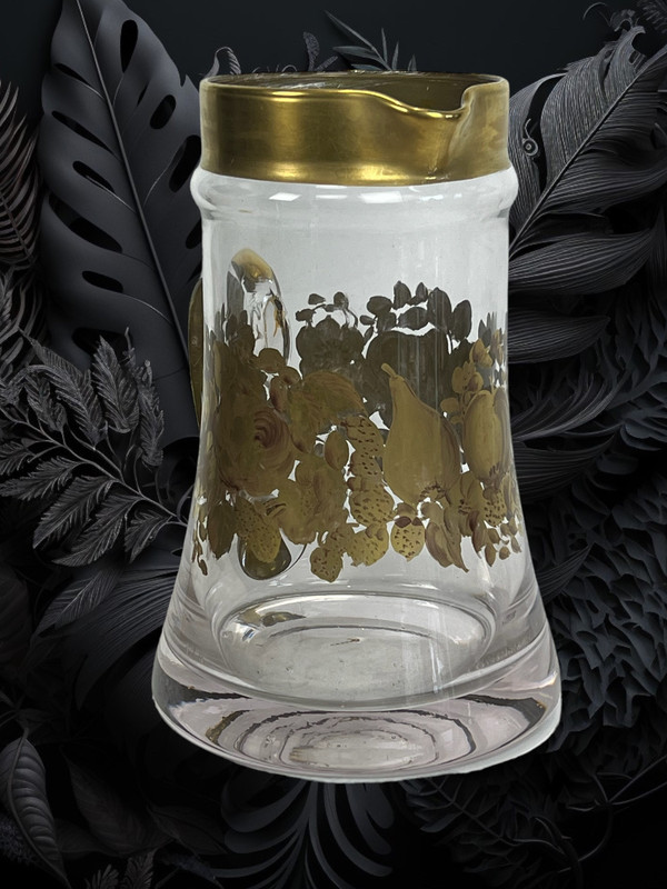 CRYSTAL PITCHER WITH HANDLE SIGNED “DAUM” WITH FLORAL DECORATION WITH SUPERB GILDING