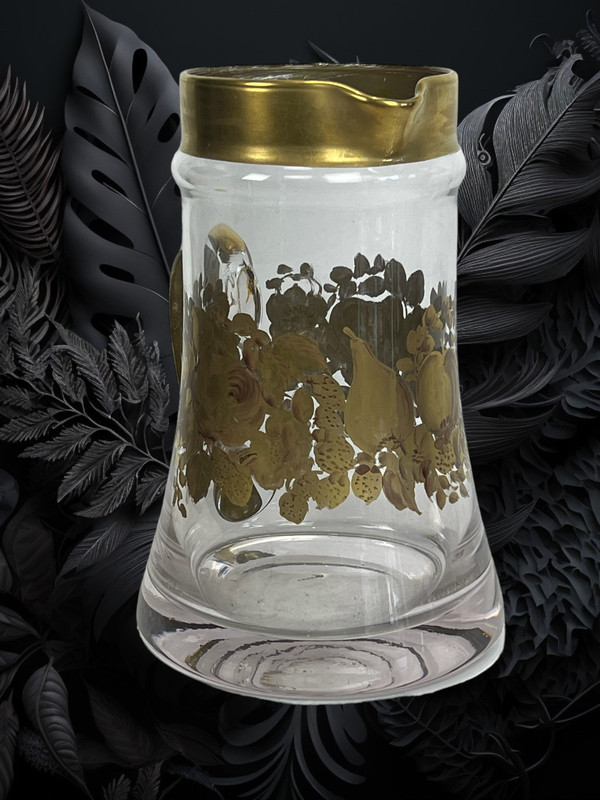 CRYSTAL PITCHER WITH HANDLE SIGNED “DAUM” WITH FLORAL DECORATION WITH SUPERB GILDING