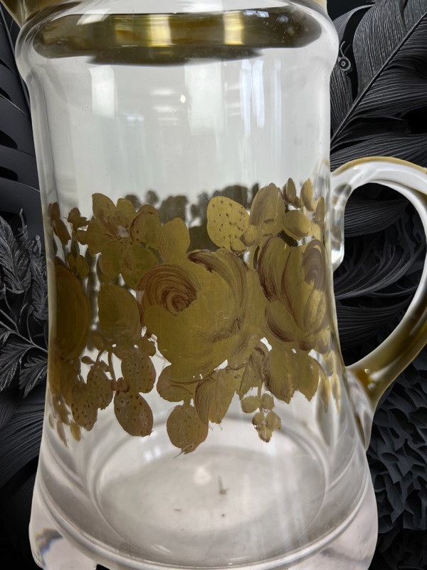 CRYSTAL PITCHER WITH HANDLE SIGNED “DAUM” WITH FLORAL DECORATION WITH SUPERB GILDING