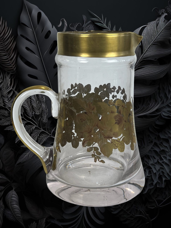 CRYSTAL PITCHER WITH HANDLE SIGNED “DAUM” WITH FLORAL DECORATION WITH SUPERB GILDING
