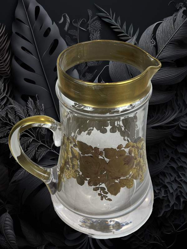 CRYSTAL PITCHER WITH HANDLE SIGNED “DAUM” WITH FLORAL DECORATION WITH SUPERB GILDING