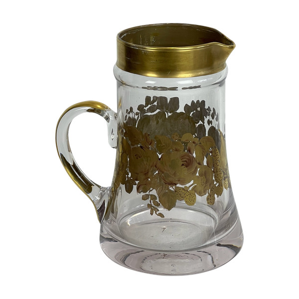 CRYSTAL PITCHER WITH HANDLE SIGNED “DAUM” WITH FLORAL DECORATION WITH SUPERB GILDING