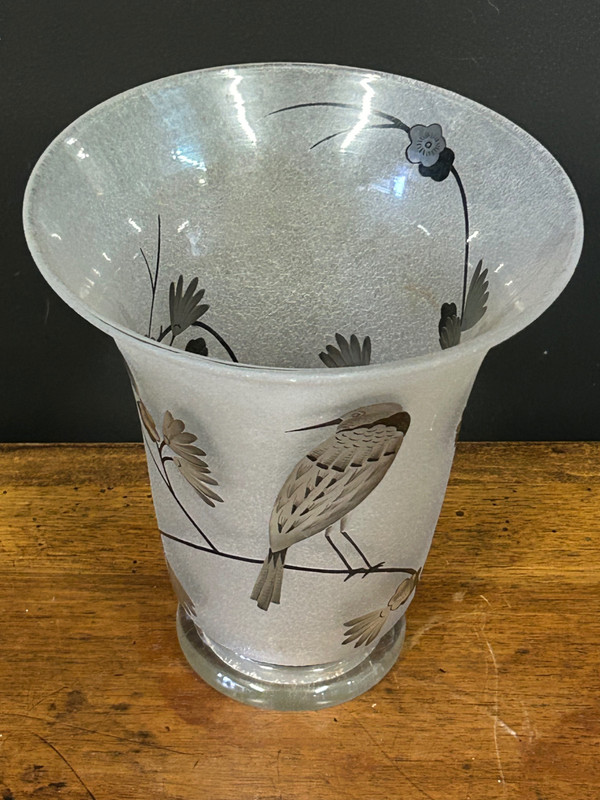 Vase Daum Nancy Frankreich - Oiseau Branché Réserve mit Säure, verstärkt mit schwarzer Emaille