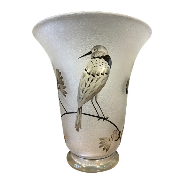 Vase Daum Nancy Frankreich - Oiseau Branché Réserve mit Säure, verstärkt mit schwarzer Emaille