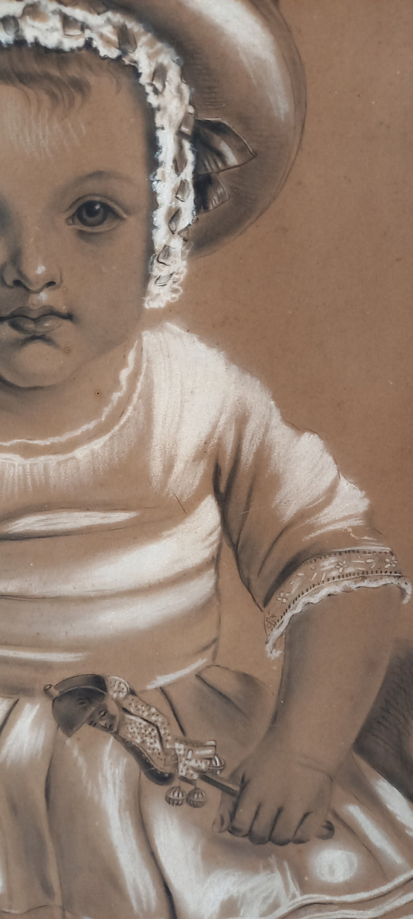 Large drawing of a little girl with a rattle by Punchinelle / 19th century