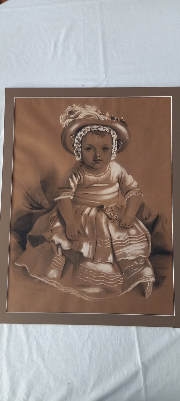 Large drawing of a little girl with a rattle by Punchinelle / 19th century