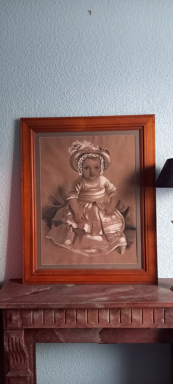 Large drawing of a little girl with a rattle by Punchinelle / 19th century