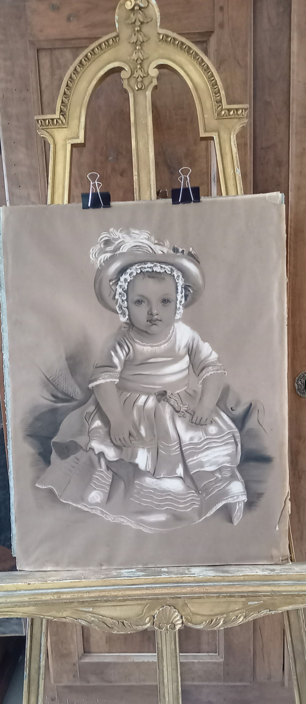 Large drawing of a little girl with a rattle by Punchinelle / 19th century