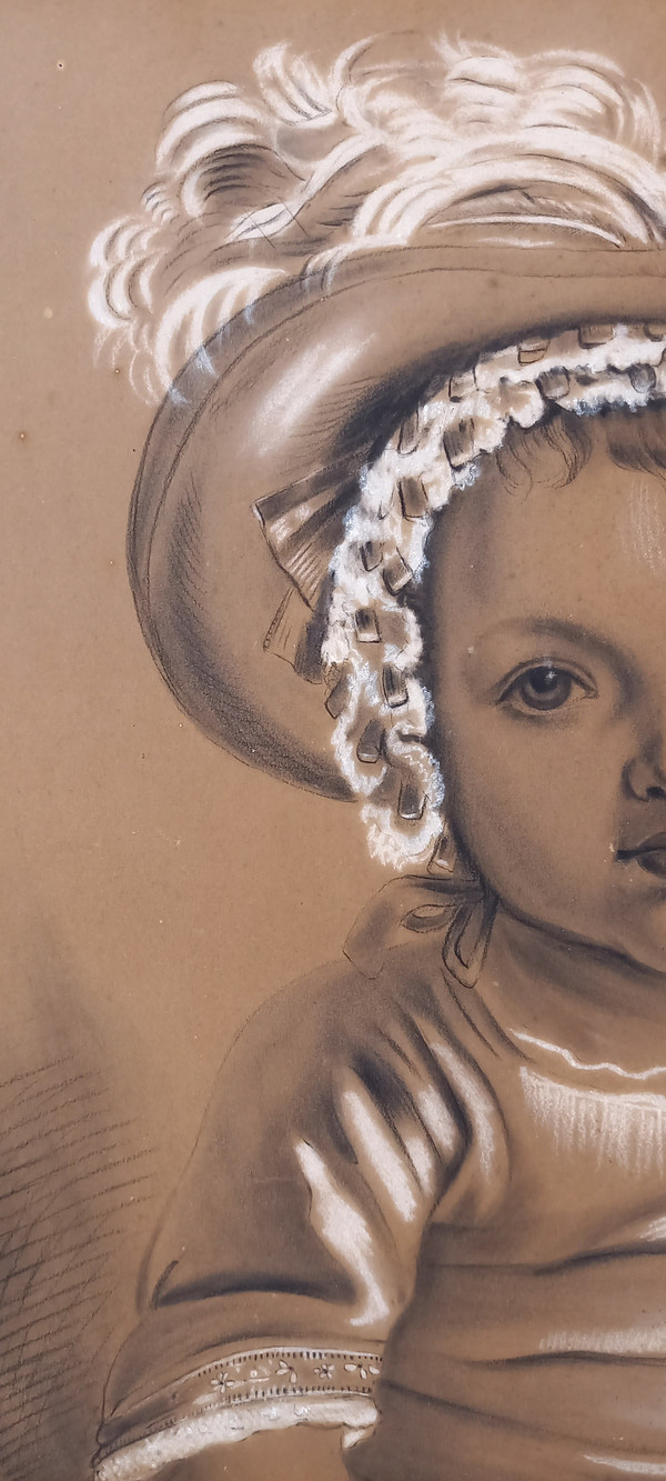 Large drawing of a little girl with a rattle by Punchinelle / 19th century