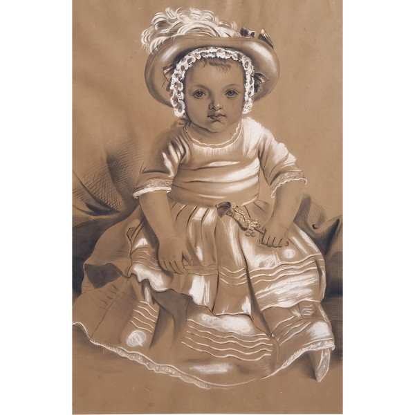Large drawing of a little girl with a rattle by Punchinelle / 19th century