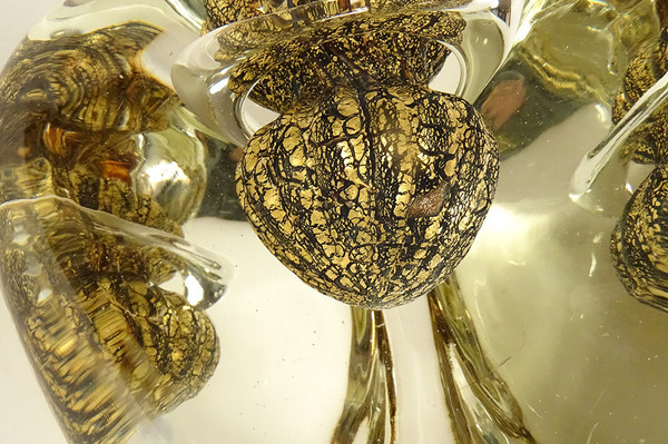 Vase Triangulaire Jean-Claude Novaro Verre Soufflé Feuilles d'Or 1983 XXème