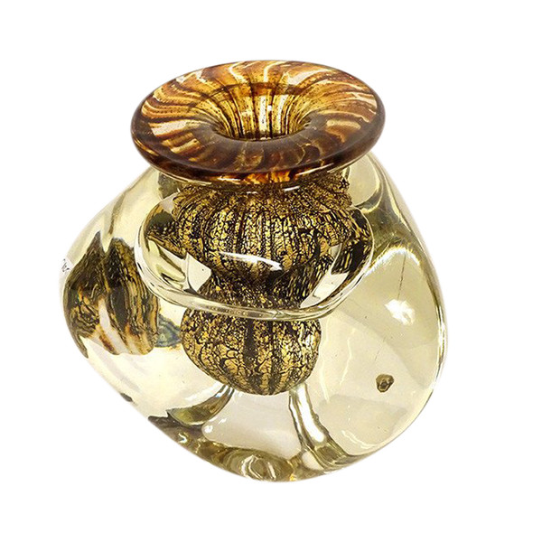 Vase Triangulaire Jean-Claude Novaro Verre Soufflé Feuilles d'Or 1983 XXème