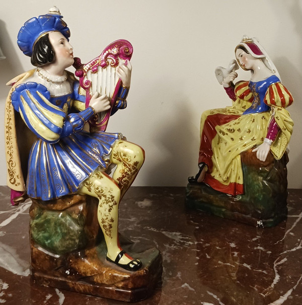 Jacob Petit - rare pair of large troubadour bottles - porcelain - Restoration period, Louis Philippe