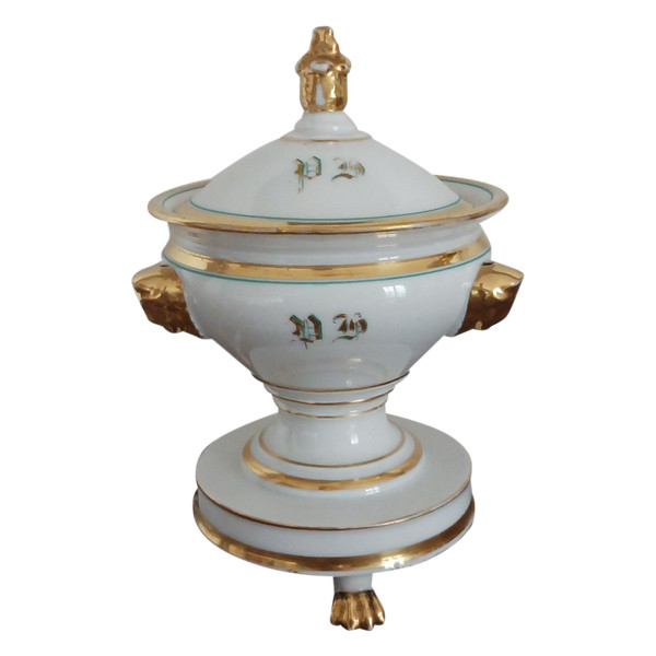 Paris, Restoration period, Louis Philippe - tripod jam maker in gilded and painted porcelain - monogrammed