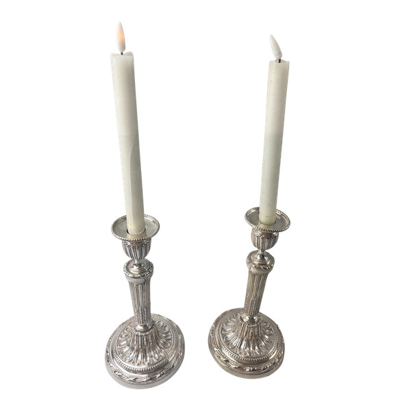 Pair of ribbon-beaded candlesticks