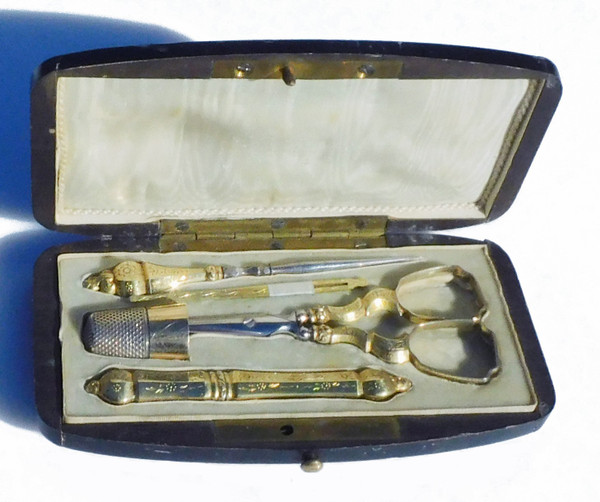 Antique Gold Silver Vermeil Sewing Set In A Napoleon III Tortoise Shell Box