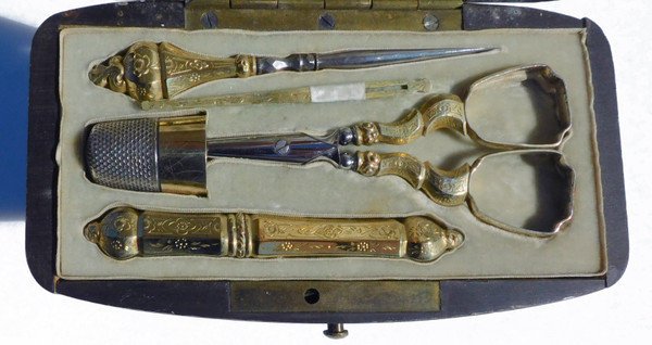 Antique Gold Silver Vermeil Sewing Set In A Napoleon III Tortoise Shell Box