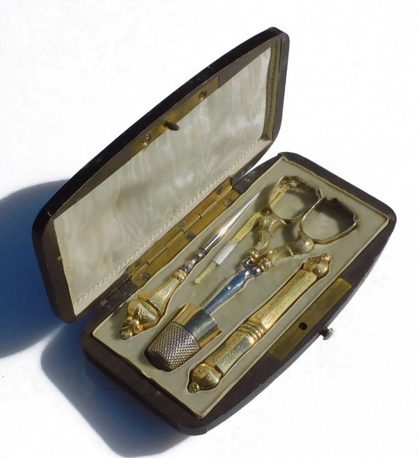 Antique Gold Silver Vermeil Sewing Set In A Napoleon III Tortoise Shell Box