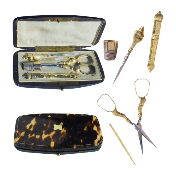 Antique Gold Silver Vermeil Sewing Set In A Napoleon III Tortoise Shell Box