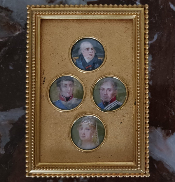 France, Restoration period - suite of 4 royalist miniatures - royal family - modern frame