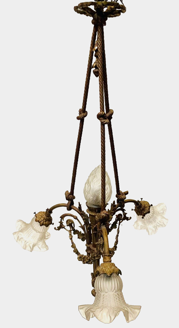 Louis XVI style chandelier in bronze and frosted glass XX century