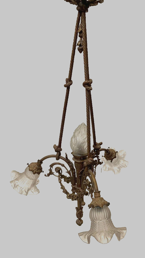 Louis XVI style chandelier in bronze and frosted glass XX century