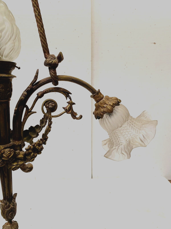 Louis XVI style chandelier in bronze and frosted glass XX century
