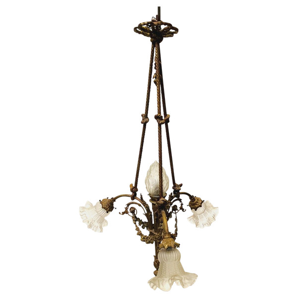 Louis XVI style chandelier in bronze and frosted glass XX century