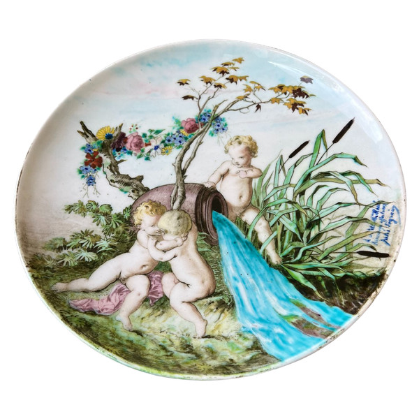 Grand plats aux angelots - Signed Théodore Deck - Sèvres porcelain - 1867