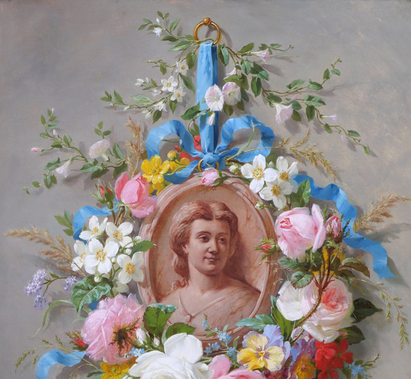 Marius VASSELON 1841-1924 Sommerblumenstillleben mit Frauenporträt, Gemälde, 1864