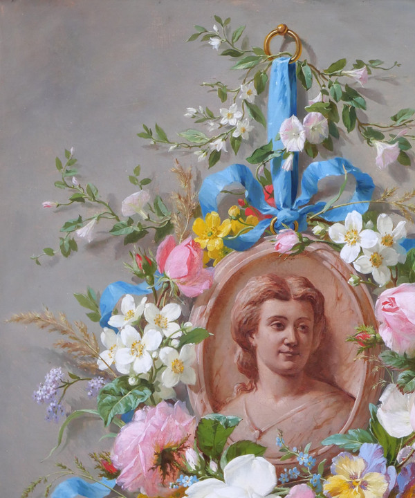 Marius VASSELON 1841-1924 Sommerblumenstillleben mit Frauenporträt, Gemälde, 1864