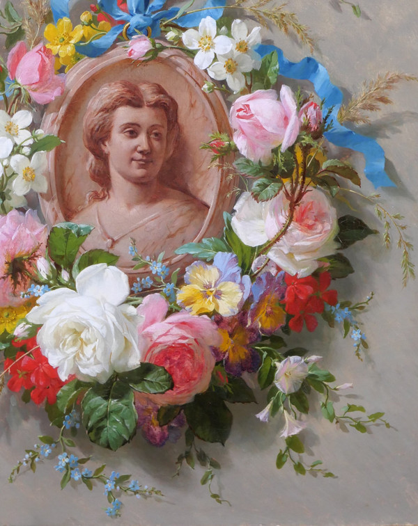 Marius VASSELON 1841-1924 Sommerblumenstillleben mit Frauenporträt, Gemälde, 1864