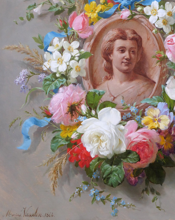 Marius VASSELON 1841-1924 Sommerblumenstillleben mit Frauenporträt, Gemälde, 1864