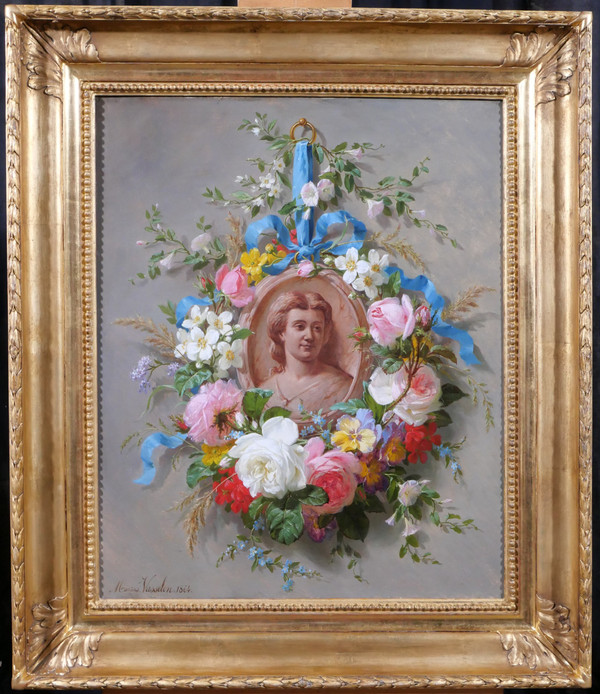 Marius VASSELON 1841-1924 Sommerblumenstillleben mit Frauenporträt, Gemälde, 1864