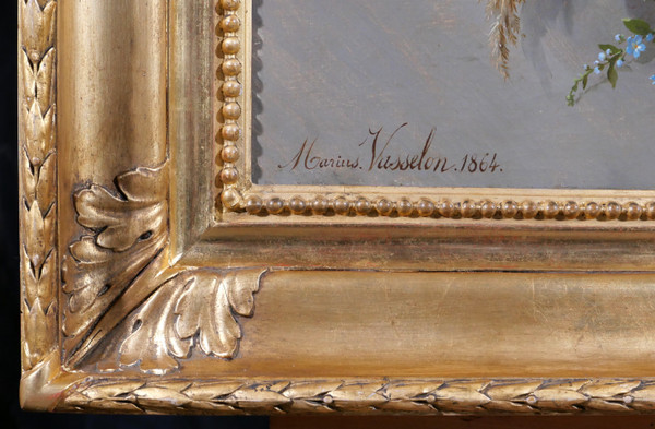 Marius VASSELON 1841-1924 Sommerblumenstillleben mit Frauenporträt, Gemälde, 1864