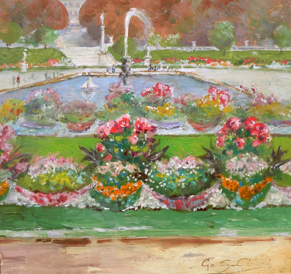 Gaston Gérard 1859-? Paris, the Luxembourg Gardens and the Pantheon, painting, circa 1885-90
