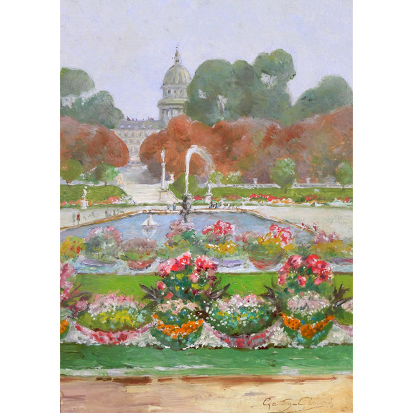 Gaston Gérard 1859-? Paris, the Luxembourg Gardens and the Pantheon, painting, circa 1885-90