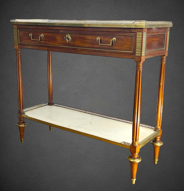 DESSERTE XVIIIe EPOQUE LOUIS IN ACAJOU BRONZE VERGOLDET A 2 PLATTEN BLANC MARBRE