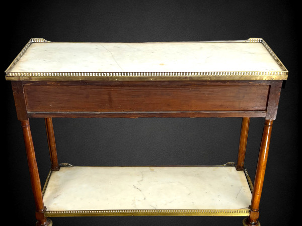 DESSERTE XVIIIe EPOQUE LOUIS IN ACAJOU BRONZE VERGOLDET A 2 PLATTEN BLANC MARBRE