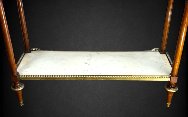 DESSERTE XVIIIe EPOQUE LOUIS IN ACAJOU BRONZE VERGOLDET A 2 PLATTEN BLANC MARBRE