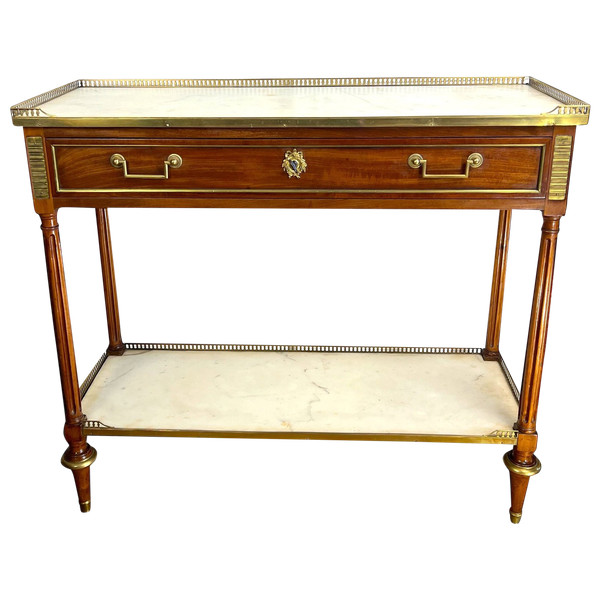 DESSERTE XVIIIe EPOQUE LOUIS IN ACAJOU BRONZE VERGOLDET A 2 PLATTEN BLANC MARBRE