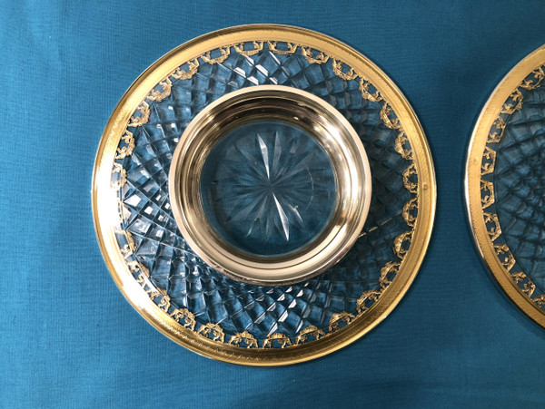 coppia di MINERVE in argento massiccio e cristallo del XIX secolo ciotola su piede / compotier