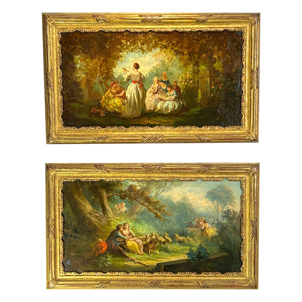 PAIR OF 19th CENTURY TABLES / OIL ON OAK PANELS IN THE GOUT OF MONTICELLI