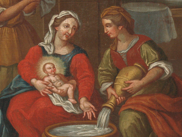 Das Bad des Kindes Geburt Öl auf Leinwand Italienische Schule großes religiöses Gemälde 17.
