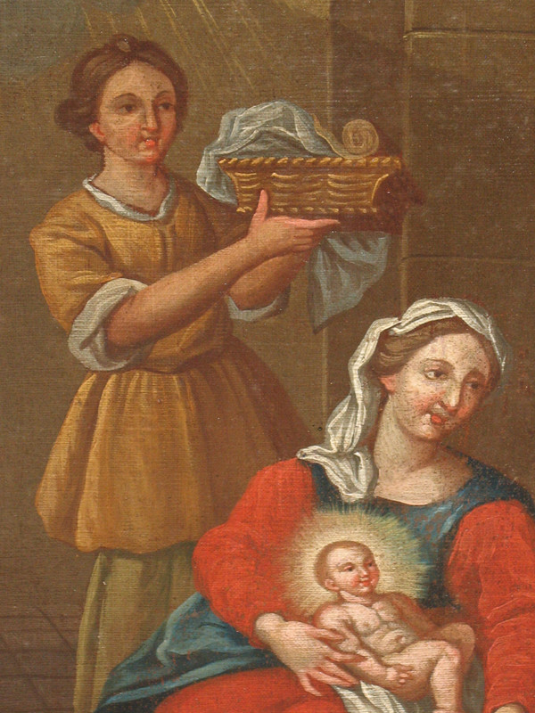 Das Bad des Kindes Geburt Öl auf Leinwand Italienische Schule großes religiöses Gemälde 17.